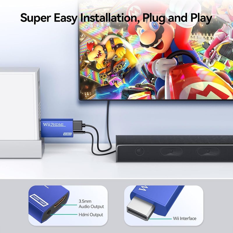 GANA Wii to HDMI Converter Adapter with Hdmi Cable Connect Wii Console to HDMI Display in 1080p Output Video with 3.5mm Audio Supports All Wii Display Modes Blue - Image 4